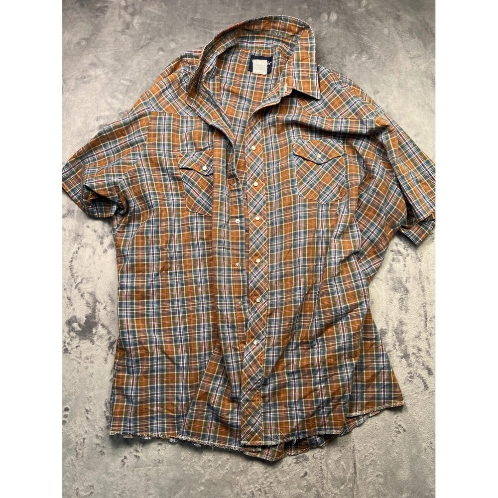 Vintage Wrangler Western Shirt Pearl Snap Plaid Short Sleeve Mens Brown Blue 2XL